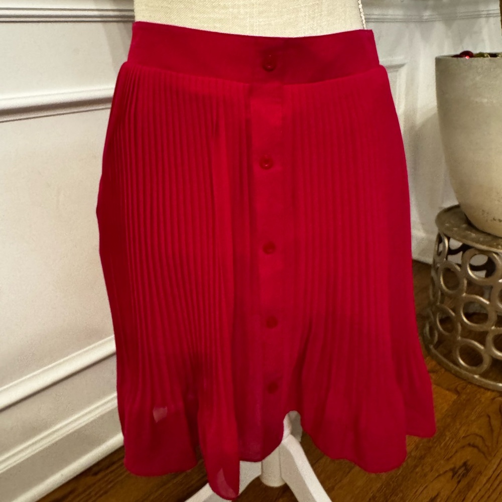 Red Pleated Button Front Midi Skirt‎ Pockets Elastic Waist Accordion Style sz s